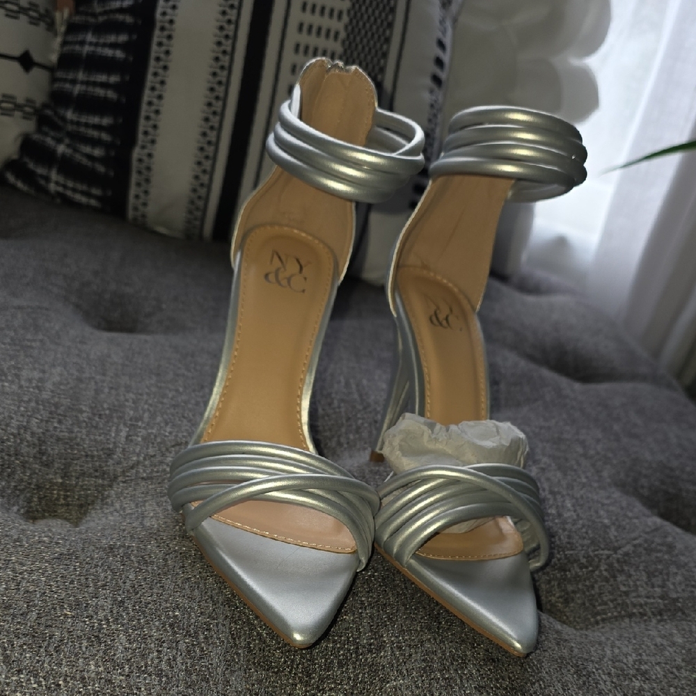 New York & Company Silver Strappy Heels